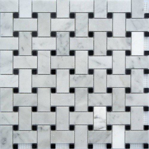 Carrara Marble POLISHED Basketweave Mosaics with Black dots